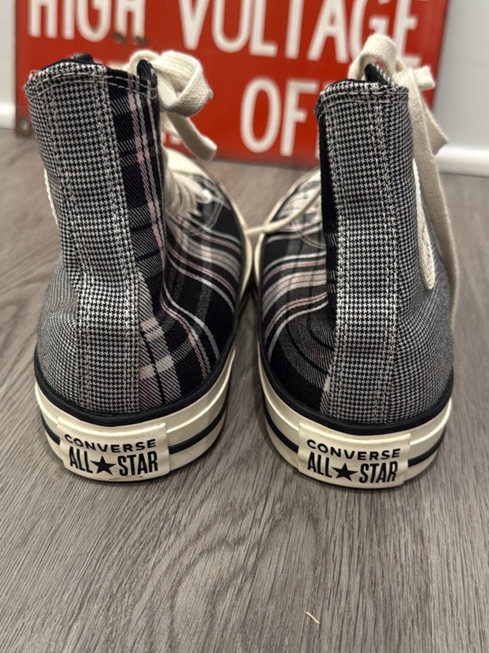 Converse Plaid & Houndstooth High Top Sneakers - Black, White, Pink - Picture 6 of 9